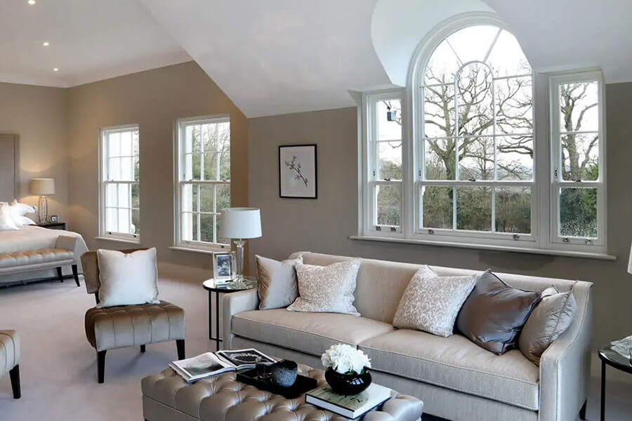 Big bedroom with white sliding sash windows