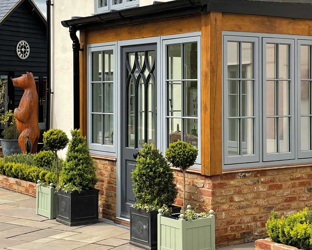 Exterior of a house with grey flush casement windows